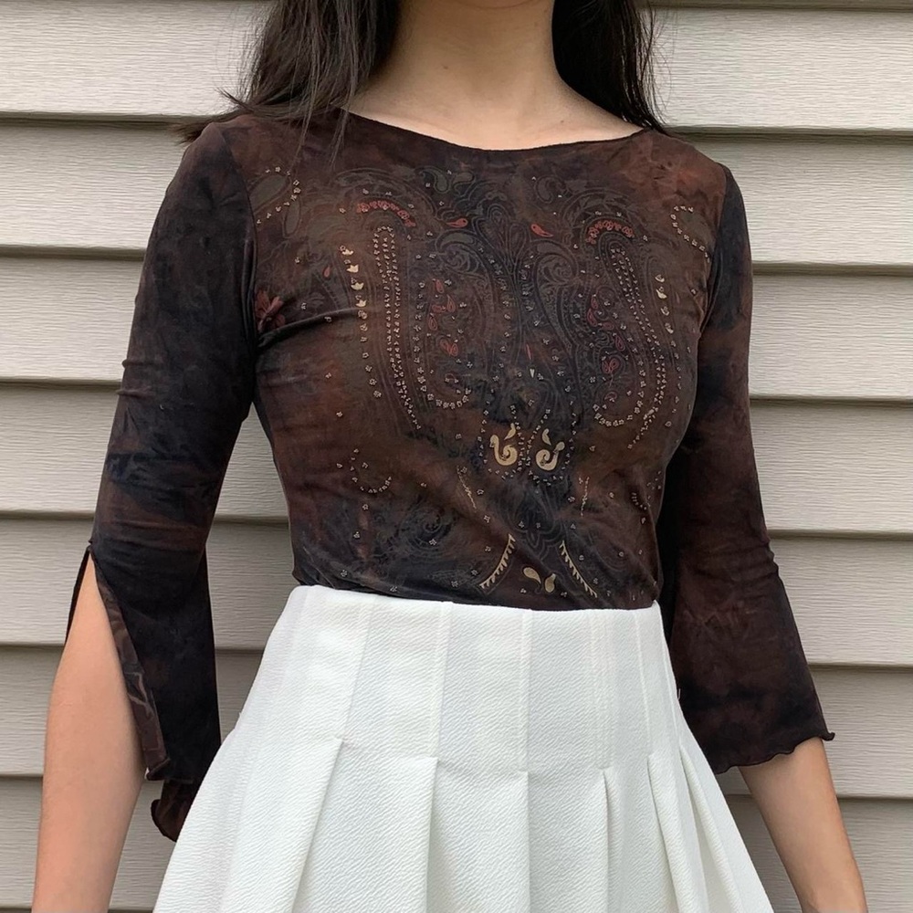 Very Rare Vintage Fairy Grunge Dark Brown Bell Sleeve Top with Intricate Design